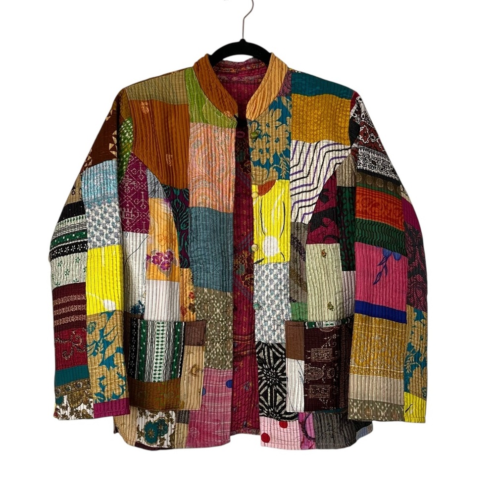Like New Boho Indian Kantha Quilted Patchwork Silky Reversible Jacket - Picture 4 of 11